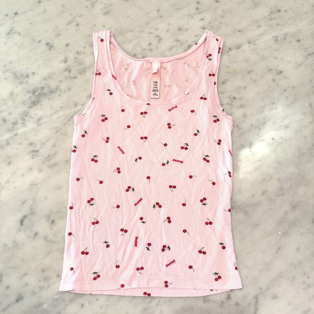 SKIMS Cotton Rib Tank Top Pink Cherry Print Logo Scoop Neck XS